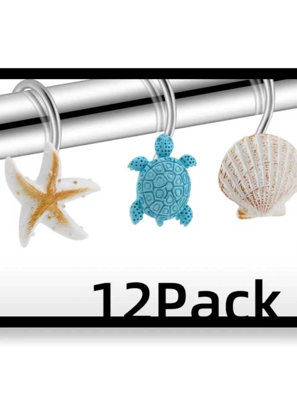 🆕 12 Piece Beach-Themed Shower Curtain Rings - Starfish, Turtle & Shell